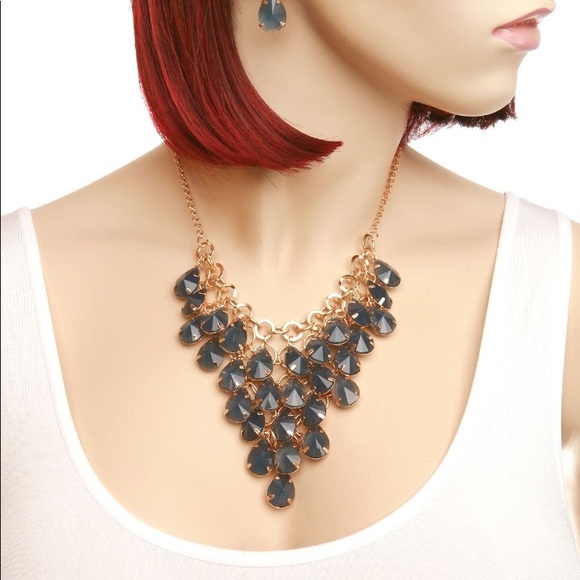 Teal Gold Faceted Laced Teardrop Necklace Set - Picture 2 of 2